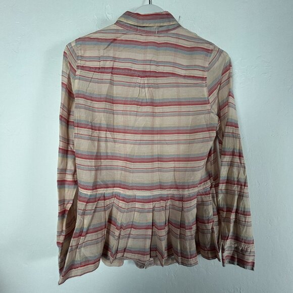 CP Shades Womens XS Striped Button-Up Blouse Cotton/Silk Red/Beige Pleated Hem - Picture 2 of 8